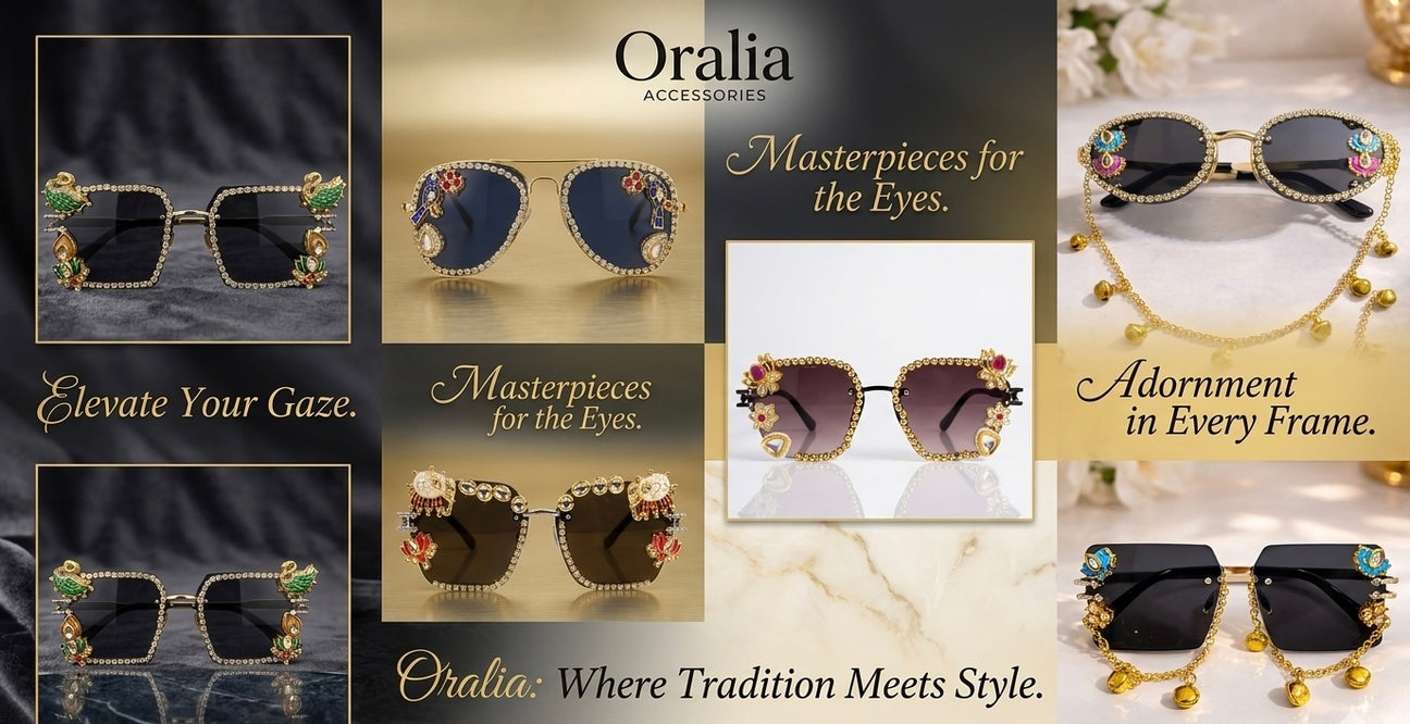 “Designer embellished sunglasses with peacock and floral motifs, luxury fashion eyewear by Oralia Accessories”