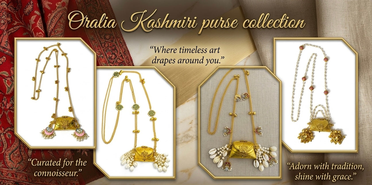 Oralia Kashmiri purse collection image featuring traditional gold Kashmiri handbags with pearl and chain detailing on elegant fabric background